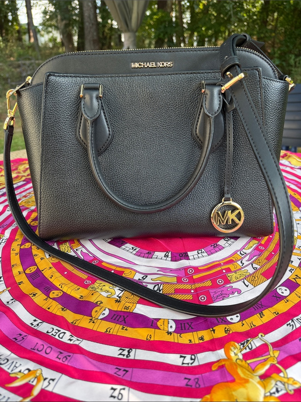 Michael Kors Black Leather Daria Large Triple Compartment Satchel wGold MK Charm